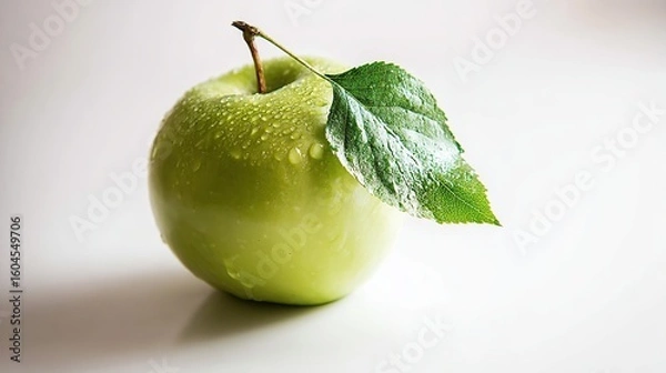Fototapeta Fresh green apple with a leaf, captured from an overhead angle on a white surface, highlighting natural beauty.