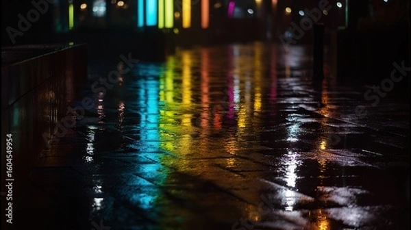 Fototapeta Neon lights reflecting on wet pavement creating an abstract urban night scene with moody tones.