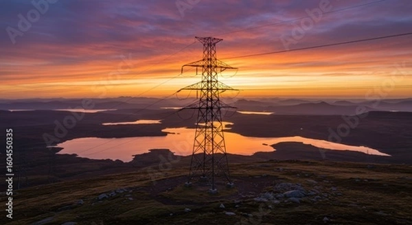 Fototapeta Power Line Silhouette at Sunset Over Scottish Highlands Lakes, Scotland