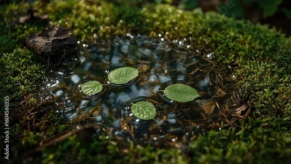 Fototapeta A little clear water puddle adorned with multiple lively leaves gently moving on it, depicting a serene and lovely scene