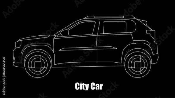 Fototapeta A city car is a small car designed specifically for use in urban areas. It is made in a black silhouette version with a white outline and a black background.