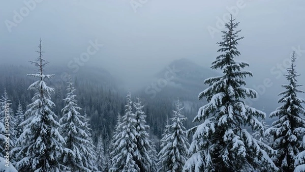 Obraz Impressive capture of spruce trees blanketed in snow on a crisp day. Picturesque winter setting in a rugged mountainous area. Ideal nature wallpaper. Welcome the New Year by admiring our planet's
