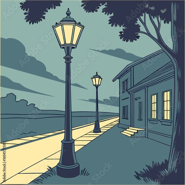 Obraz Street view with lampposts and building in a vintage style illustration