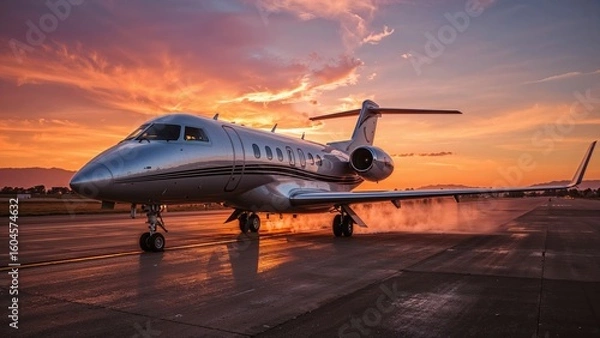 Fototapeta A private jet is landing at dusk