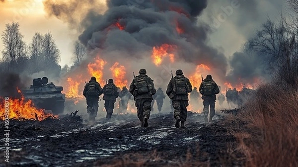 Obraz Military personnel marching through a battlefield engulfed in flames.