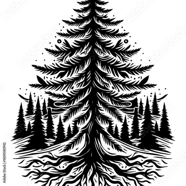 Obraz Stylized Black Pine Tree with Forest and Roots