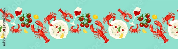 Fototapeta Mediterranean seafood theme horizontal border seamless pattern design with pasta dish, red wine glass, fresh tomatoes and lemons on blue background. Vector illustration for your design