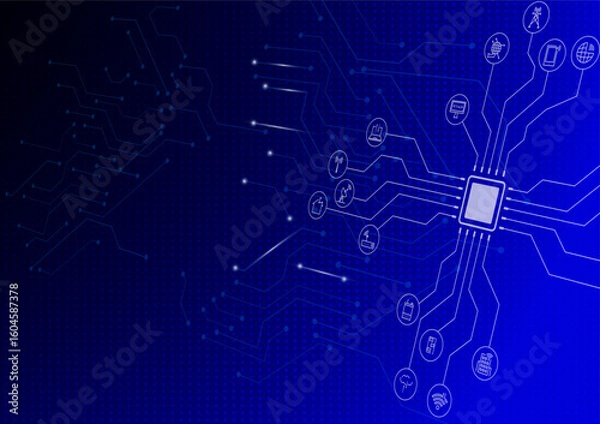 Obraz Telecom wireless circuit communication technology background. Dot blue digital electric integrated vector illustration.