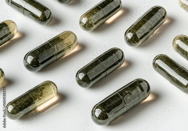 Fototapeta Various herbal food supplement capsules omega ayurveda minerals and vitamins dietary supplements laid out on flat surface showing variety of textures and colors of natural supplements