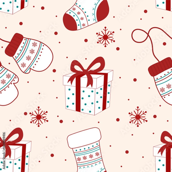 Obraz seamless pattern of Christmas mittens, gifts, and snowflakes in red and beige tones. Perfect for holiday wrapping paper and seasonal fabric.