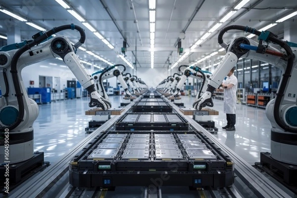 Fototapeta Robotic arms assembling EV batteries on a factory production line