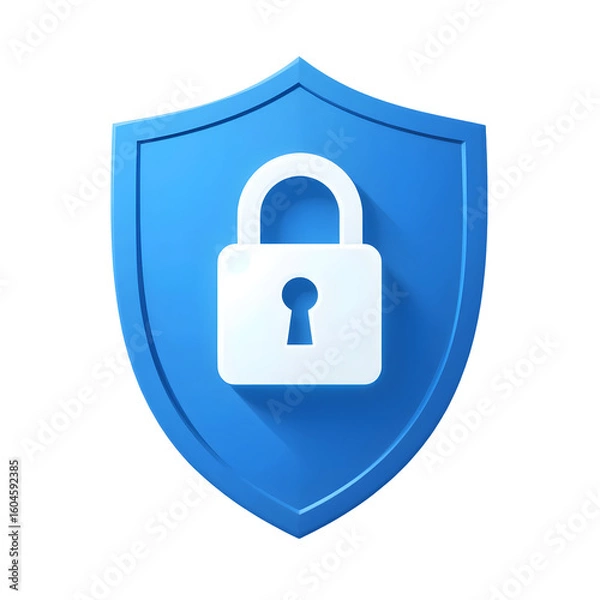 Fototapeta  Blue Security Shield with Padlock Icon – Symbolizing Digital Safety, Data Protection, and Cybersecurity Solutions