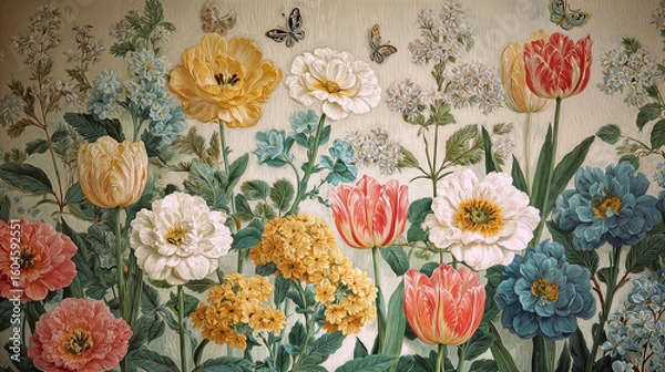 Obraz a detailed and colorful botanical illustration featuring various types of flowers, including tulips, peonies, and other blooms, with butterflies and other insects flying around. 