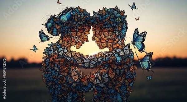 Obraz Two human head silhouettes formed by butterflies against a sunset sky in a field view