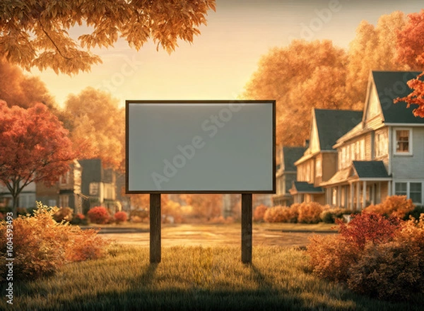Obraz a suburban neighborhood during autumn, with trees and bushes displaying vibrant orange and red foliage. In the foreground, there is a blank sign post on a grassy area.