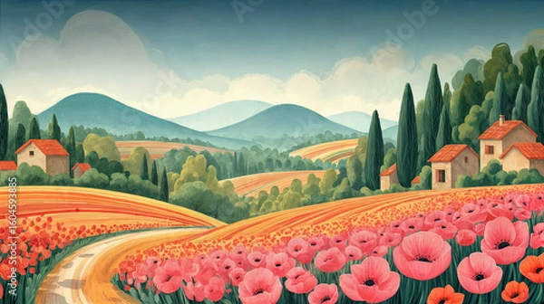 Obraz  a picturesque countryside scene with rolling hills, lush greenery, and blooming poppy fields. The sky is partially cloudy with soft hues of blue and white, adding to the serene and vibrant atmosphere