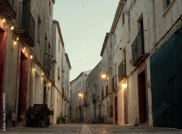 Obraz a narrow alleyway between old, weathered buildings. The buildings have balconies with metal railings, and the street is illuminated by a series of small, warm light bulbs strung along the buildings.