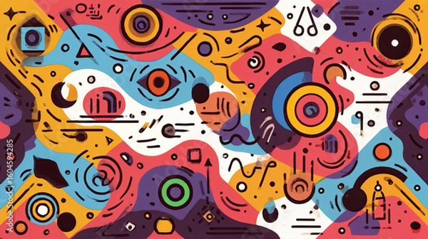 Obraz a vibrant abstract painting featuring a variety of shapes, colors, and patterns, including circles, lines, and geometric forms. The composition is dynamic and colorful, with a mix of tones.