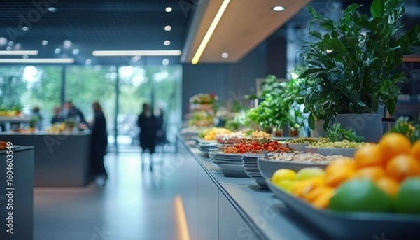Fototapeta buffet at a corporate event or in a company office, close-up of plates of food and snacks or lunch break at work