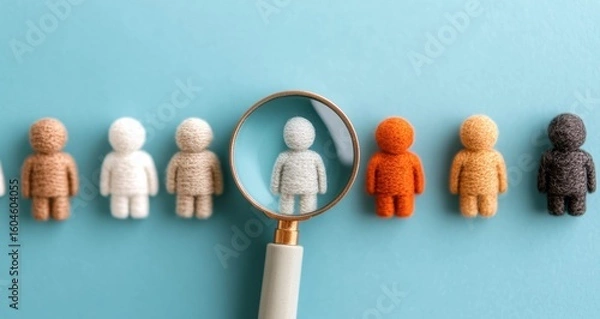 Fototapeta Exploring Diversity and Inclusion: A Magnifying Glass Highlights Differences Among Figurines Representing Various Identities and Perspectives