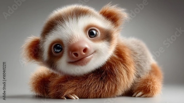 Obraz Close up portrait of a cute fluffy sloth with an inquisitive and friendly facial expression against a plain background