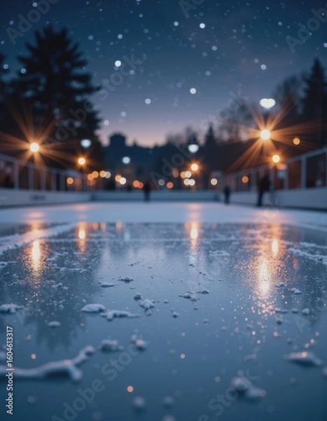 Fototapeta Ice skating rink with a smooth frozen surface reflecting the night sky