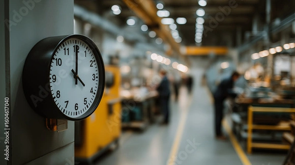 Fototapeta A close-up of an industrial clock showing the time, with a blurred factory floor and workers in the background.