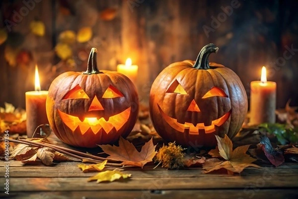 Fototapeta Two glowing carved pumpkins with candles in an autumnal setting