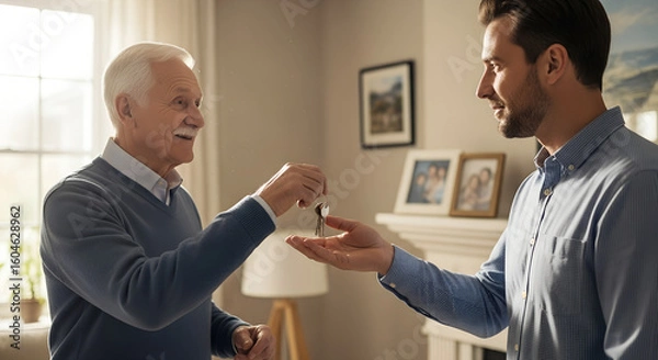 Fototapeta Elderly man giving house keys to son. Concept of inheritance, trust, family values and responsibility.