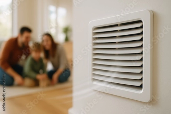 Fototapeta Close-up of a wall air vent emitting air in a modern living room where a family sits together in the background.