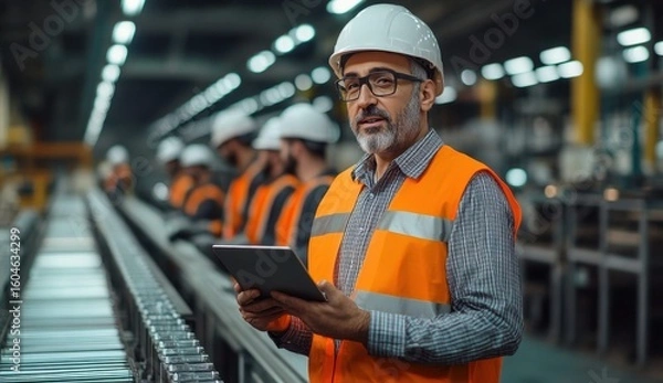 Fototapeta Experienced Factory Supervisor Monitors Production Line Performance with Tablet While Team Works Efficiently and Safely in Modern Manufacturing Facility