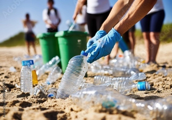 Fototapeta Community Efforts to Clean Up Ocean Plastic Waste on the Beach: A Group of Volunteers Collecting Bottles to Preserve Marine Life for Future Generations