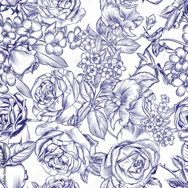 Fototapeta Floral seamless pattern. Blue and white textile design. Rose plants print. Toile de jouy flowers wallpaper, pattern, background. Nature gentle seamless pattern. Vector pattern