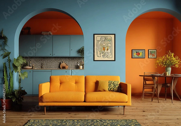 Fototapeta Vibrant interior design. Living room with a yellow sofa and a blue integrated kitchen with an arch and orange wall. An explosion of color and style.
