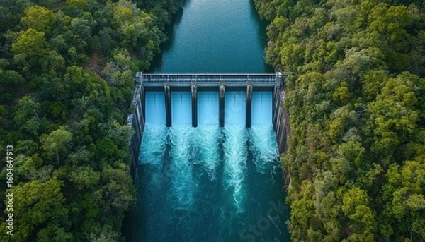Fototapeta Aerial View of a Hydro Electric Dam Surrounded by Lush Green Forests and Flowing Water Representing Renewable Energy Generation