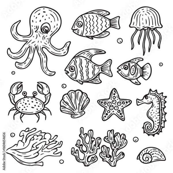 Obraz Charming hand-drawn ocean creatures and coral reef elements for playful designs