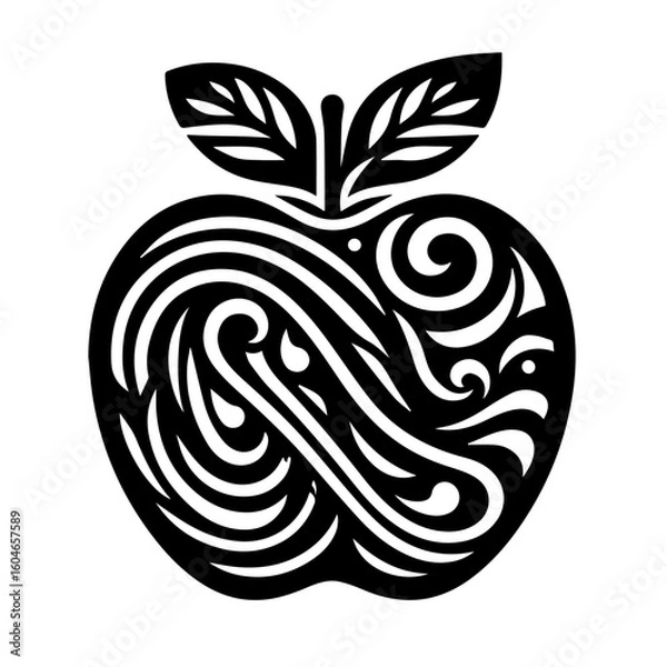 Fototapeta Ornate Black Apple Silhouette with Swirling Patterns.
