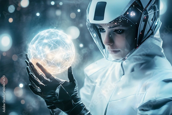 Fototapeta Woman in futuristic suit and helmet holding a glowing orb with network connections in her hands .