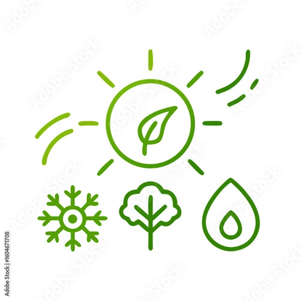 Fototapeta Climate friendly icon with sun, leaf, snowflake, tree, and water drop in green for environmental sustainability and awareness