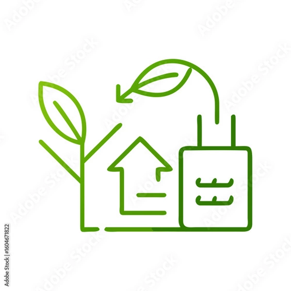 Fototapeta Eco-friendly manufacturing icon with leaves and a factory in green for sustainable production and environmental practices
