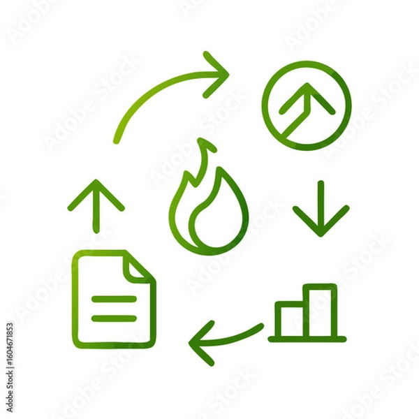 Fototapeta Eco process flow icon with arrows, fire, document, and chart in green for sustainable practices and resource management