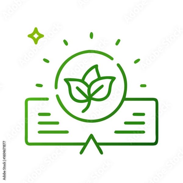 Fototapeta Eco rating badge with shining leaves and certificate in green for environmental recognition and sustainable practices