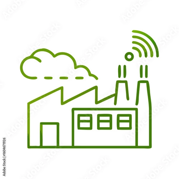Fototapeta Factory emissions monitoring icon featuring smokestacks and cloud in green for sustainable industry practices