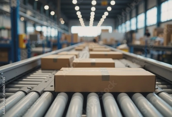 Fototapeta Gravity roller conveyor facilitating manual package sorting in a warehouse