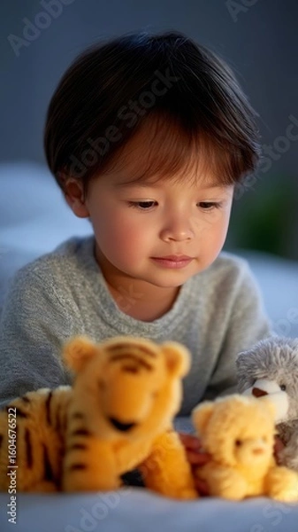 Fototapeta Young Child Arranging Colorful Stuffed Animals on a Soft Surface in Cozy Indoor Atmosphere