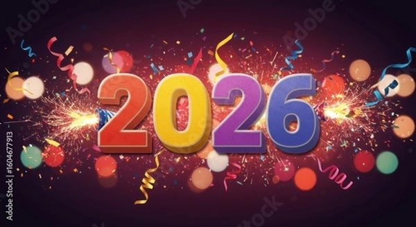 Obraz A vibrant, festive digital graphic displays the year 2026 in colorful 3D numerals, with sparking fireworks & confetti against a bokeh background