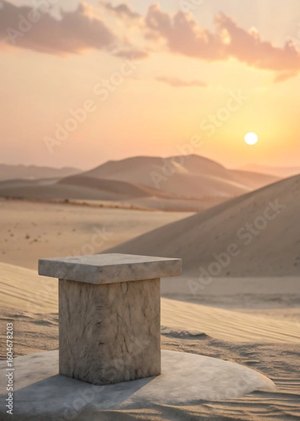 Fototapeta Ancient stone altar bathed in the warm glow of a desert sunrise over rolling hills