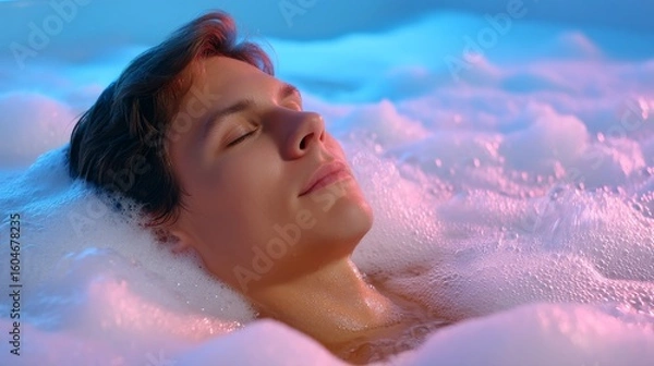 Fototapeta Young Man Reclining in Large Whirlpool Tub Filled with Bubbles Under Soft Lighting