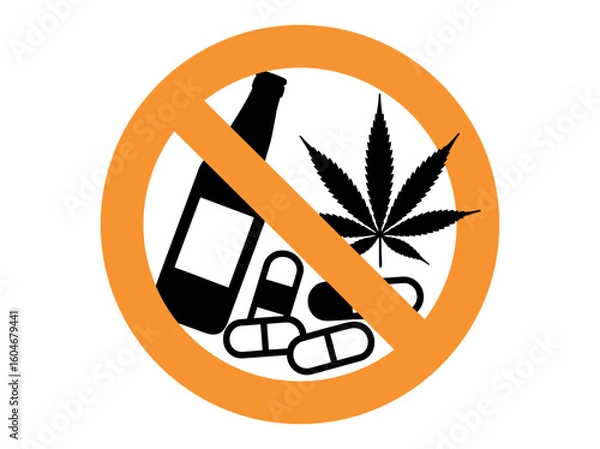 Fototapeta Red prohibition sign with a graphic of a bottle, marijuana leaf, and pills. Say no to substance abuse with this bold prohibition sign featuring alcohol, drugs, and marijuana. 
