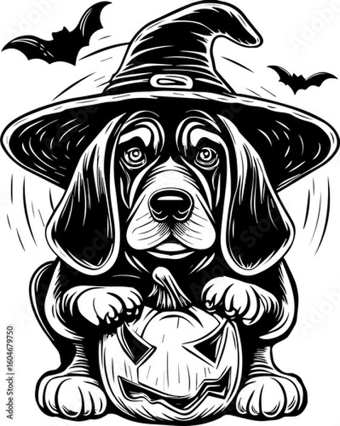 Fototapeta SVG of a Halloween dog wearing a witch hat with a pumpkin in a cute festive style.  Cute Beagle in Witch Hat with Pumpkin for Halloween Celebration